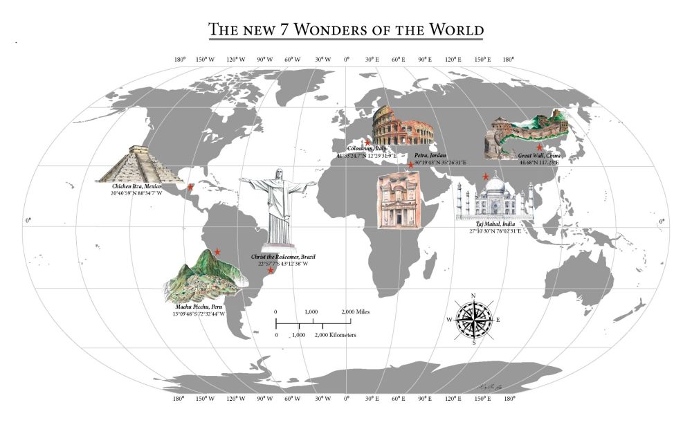 Map showing the new 7 Wonders of the World.
