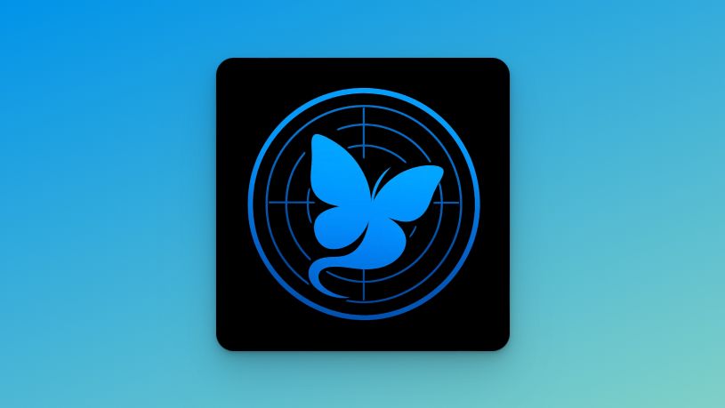 A styled blue butterfly centred within a radar-like circular grid. The butterfly has smooth, abstract wings and a curled tail, placed against a transparent background. The circular grid includes crosshairs and concentric circles, evoking a sense of tracking or targeting.