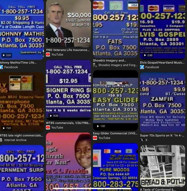 A bunch of screenshots from old tv ads of the ubiquitous “how to order!” screen, all with (800) 257-1234 as the number.
