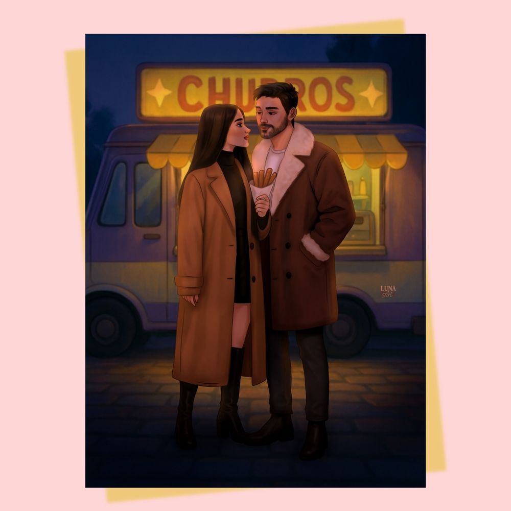 Painting of the main characters from Rise. They are standing in front of a churro truck at night. Megan is holding a cone of churros and gazing up at Alessandro, who is gazing right back. The colors are soft browns and gold.