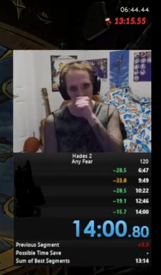 Screenshot of my speedrun end screen showing my in-game time 6:44:44 and my real time 14:00.80