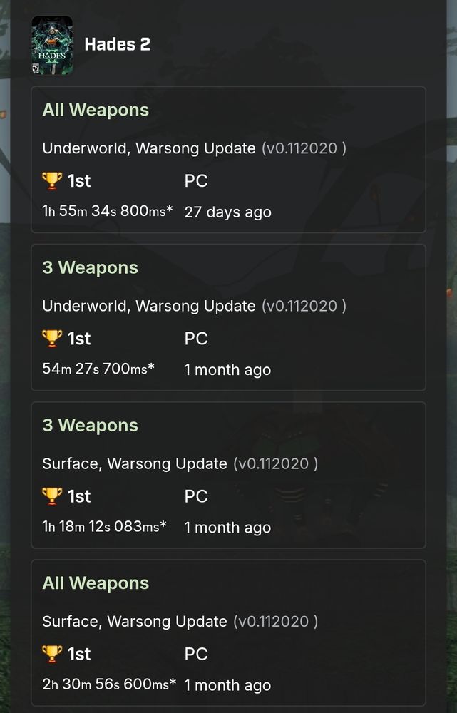 Screenshot of 1st place in 3 Weapons Underworld and Surface as well as All Weapons Underworld and Surface categories 