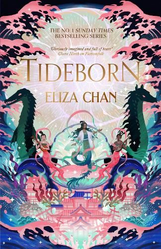 The cover Tideborn by Eliza Chan, it's full of pinks, blues and greens and features waves, sea dragons, sirens and an East Asian/Southeast Asian inspired building. Art by Kelly Chong