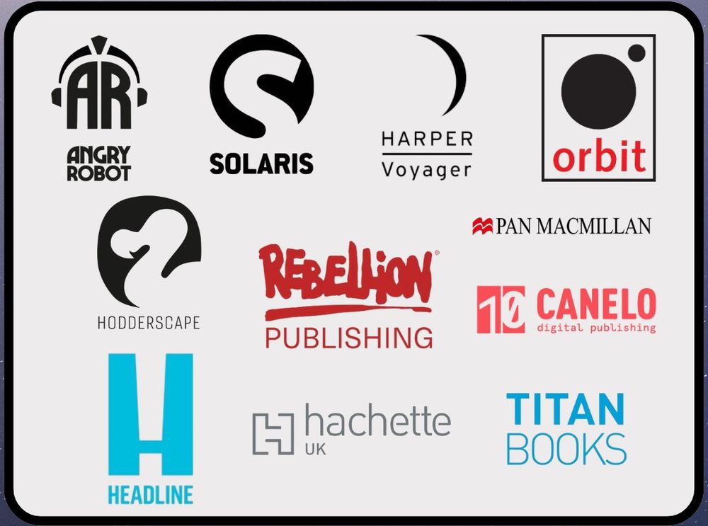 A light grey background with the following publisher logos: Angry Robot, Solaris, Harper Voyager, Orbit, Hodderscape, Rebellion Publishing, Pan Macmillan, Canelo, Headline, Hachette UK, Titan Books