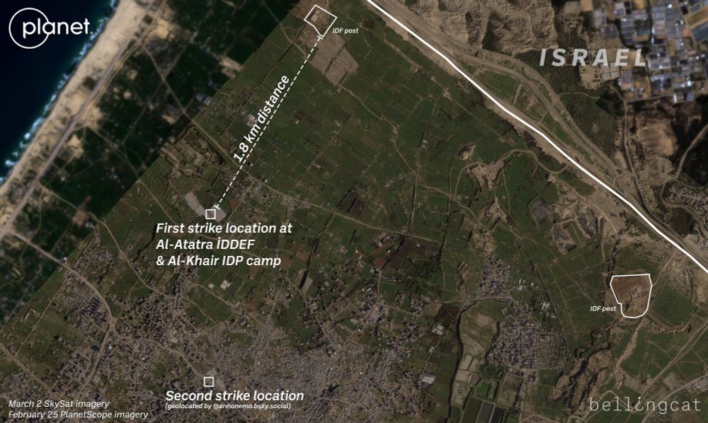A Planet Labs PBC SkySat and PlanetScope composite satellite image from March 2 (SkySat) and February 25 (PlanetScope) shows the location in northern Gaza where two strikes took place, one near a large area filled with hundreds of tents and one to the south in the rubble of Beit Lahia. An annotated line shows the distance to an IDF outpost near the northern Gaza border, which is about 1.8km from the first strike and IDP camp. 