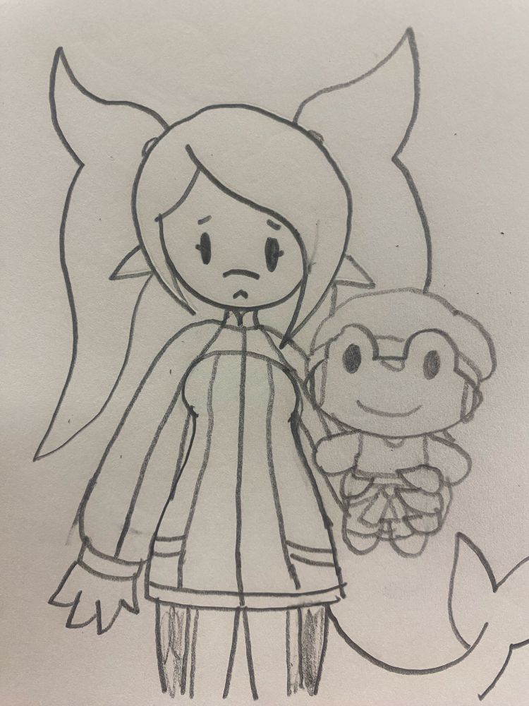 Luna the Dolphin looking at the camera with a sad look in the first, while holding a large gingerbread cookie of Mina the Frog.