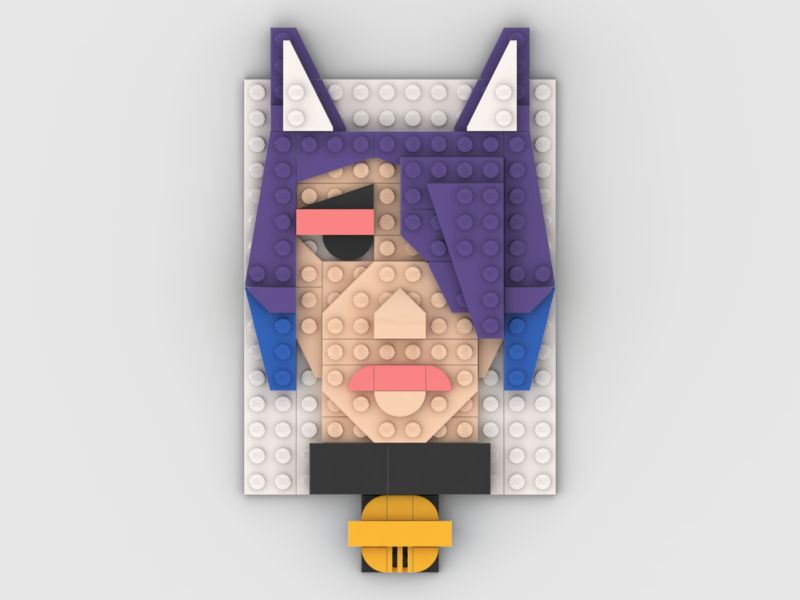 LEGO Brick portrait of a character with purple/blue hair and cat ears