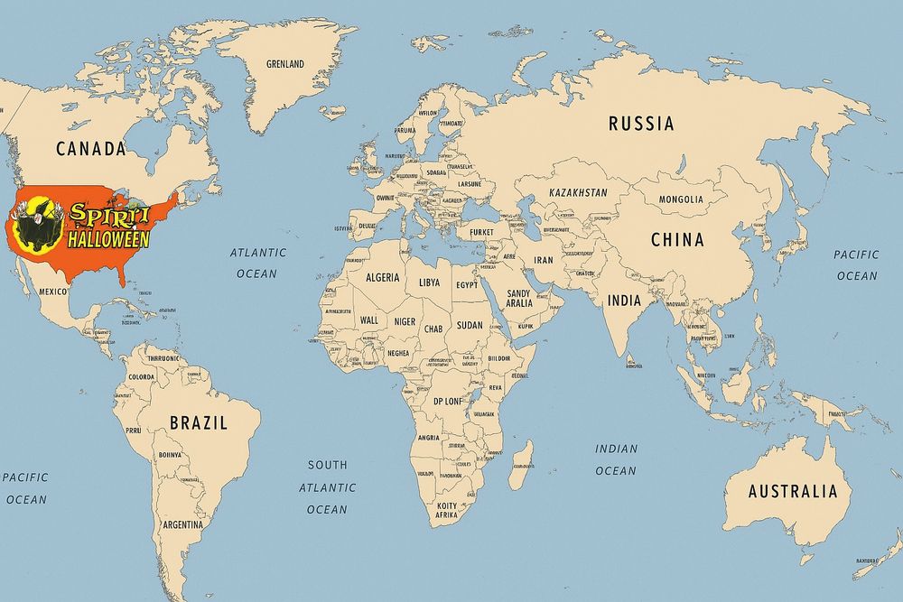 Map of the world with countries labeled by name, except the United States is now a Spirit Halloween store