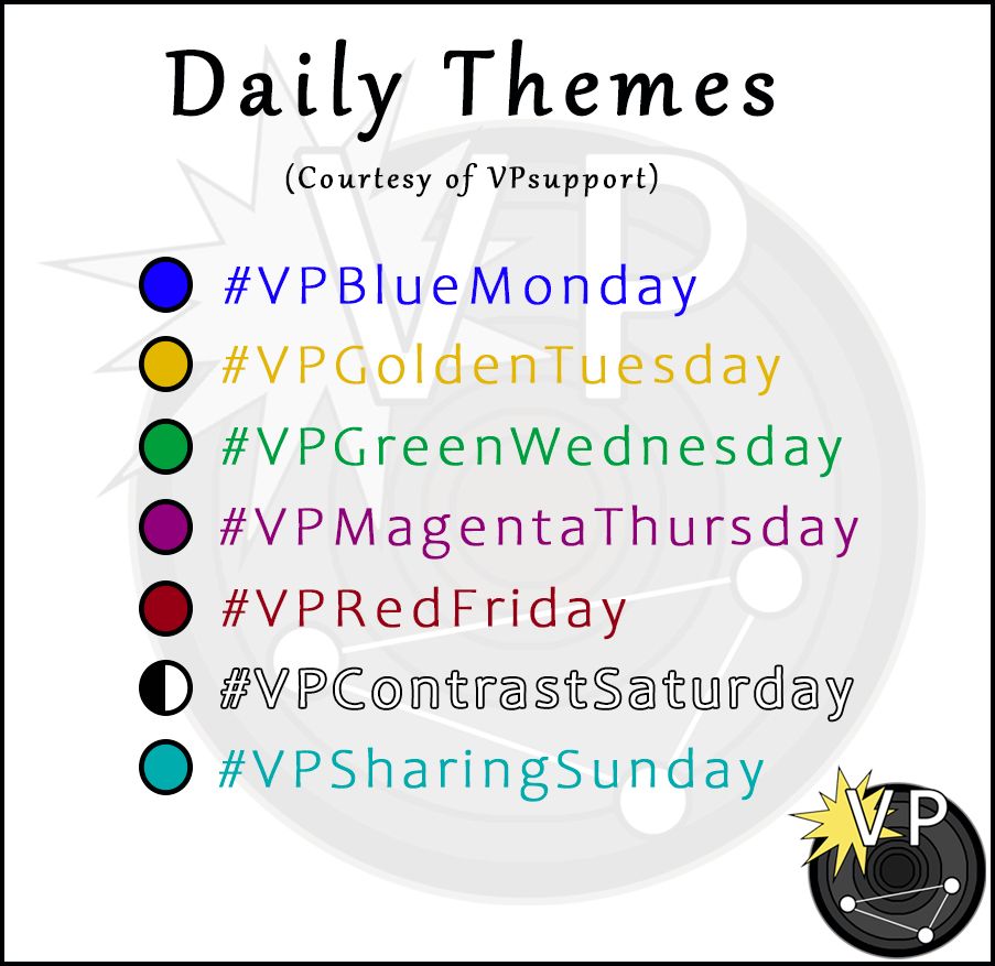 Daily themes (courtesy of VPsupport):

#VPBlueMonday
#VPGoldenTuesday
VPGreenWednesday
#VPMagentaThursday
#VPRedFriday
#VPContrastSaturday
#VPSharingSunday