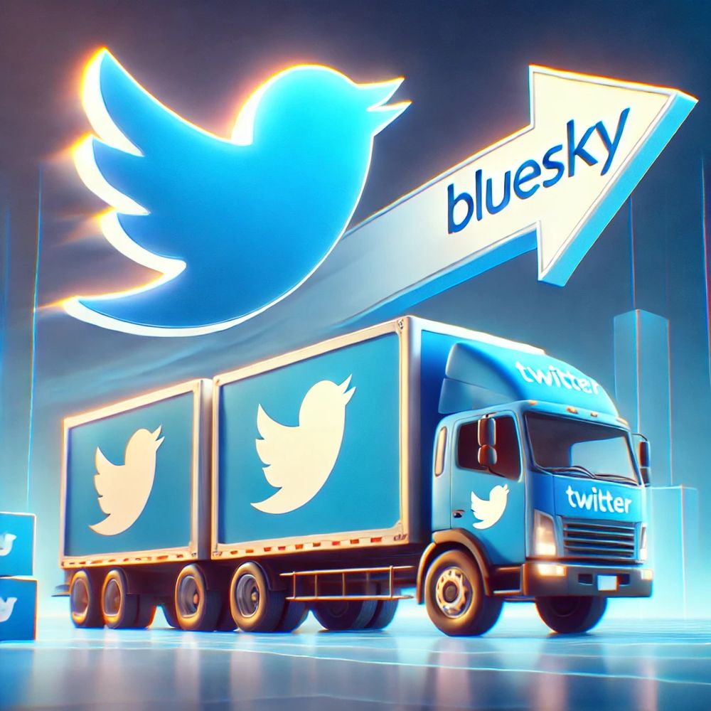Alt-Text:
Eine lebendige Illustration zeigt einen blauen Umzugswagen mit dem Twitter-Logo auf der Seite, der Kartons in Richtung eines großen Pfeils transportiert. Der Pfeil zeigt nach rechts und ist mit „Bluesky“ beschriftet, was den Wechsel von Twitter zu Bluesky symbolisiert. Der Hintergrund ist futuristisch, in Blau gehalten, mit leuchtenden Elementen und Wolken.

Hashtags:
#UmzugZuBluesky #VonTwitterZuBluesky #SocialMediaWechsel #TwitterMigration #BlueskyDebut #NewOnBluesky #SocialMediaSwitch #DigitalCommunity