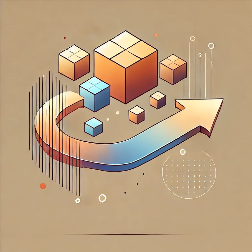 Alt-Text:
A minimalist illustration in warm and cool gradients features abstract moving boxes and a gently curved arrow symbolizing movement. The design is defined by clean lines and a modern, elegant style.