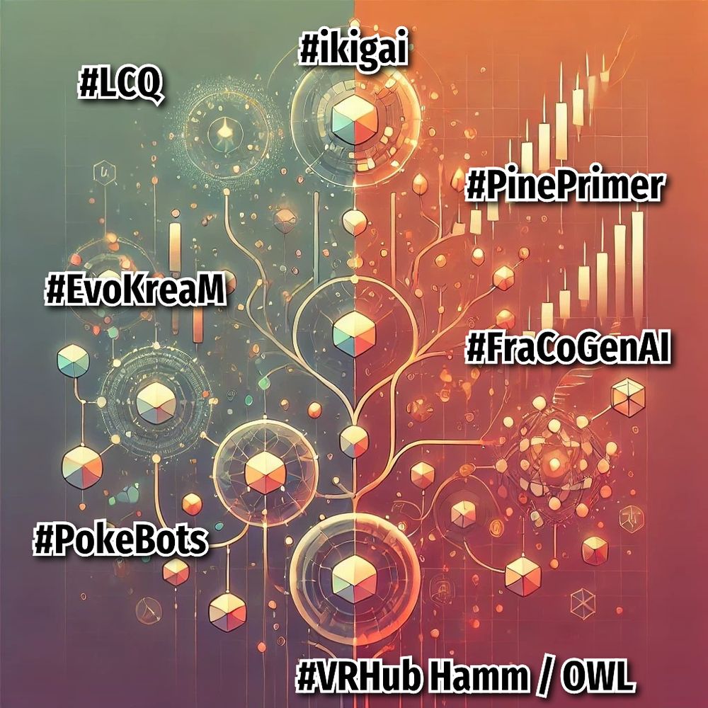 Bild:  
Eine kunstvolle, futuristische Illustration mit warmen und kühlen Farbverläufen. Sie zeigt ein Netzwerk aus organischen Verzweigungen, geometrischen Formen und vernetzten Knotenpunkten. Über das Bild verteilt sind mehrere Hashtags, die verschiedene kreative und technologische Projekte symbolisieren.  

Inhalt:
Ein vielschichtiger Gedanken-Kosmos, der verschiedene Projekte und kreative Konzepte visuell miteinander verbindet. Die linke Seite symbolisiert evolutionäre Prozesse und kreative Methoden, während die rechte Seite strukturierte Systeme und datengetriebene Frameworks repräsentiert. Vermittelnd in der Mitte das Ikigai.

Hashtags: 
#EvoKreaM #FraConGenAI #PinePrimer #PokeBots #ikigai #VRHub #VR #AR #XR #CreativeThinking #AIFrameworks #GenAI #AI #AIResearch