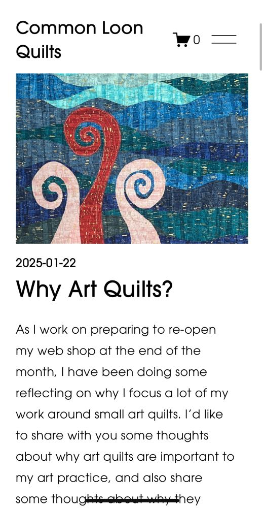 Screen shot of the opening of a blog post titled “Why Art Quilts?” illustrated with a picture of an art quilt of pink tendrils on a backdrop of blue waves