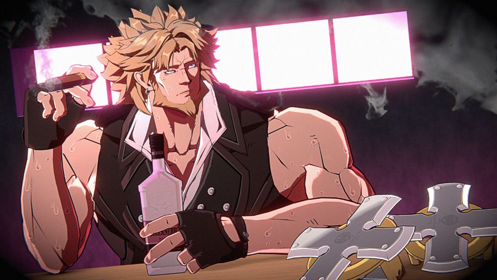 Leo Whitefang from Guilty Gear Strive is in a dim bar with pink lighting, drinking and smoking a cigar, filling the room with smoke. He's shown with out his jacket on, and his weapons on the table. He has a melancholic expression, staring off into nowhere.