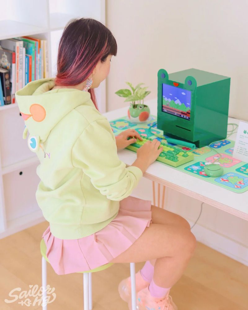 me sitting with a frog hoodie at my frog themed desk