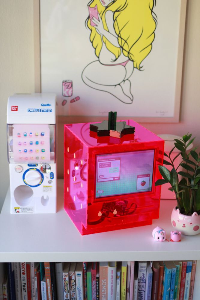 strawberry shaped computer on shelf with shiba planter and gacha