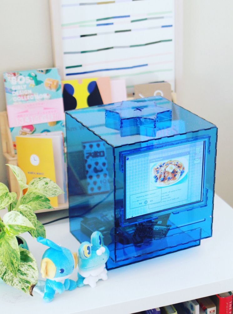 blueberry computer with froakie and mudkip plush