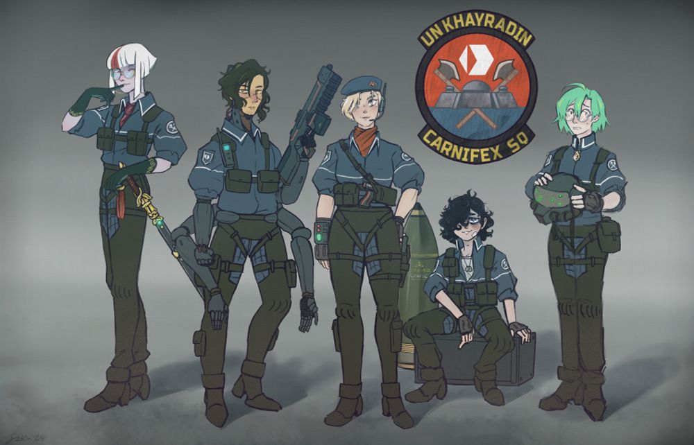 Squad of 5 mech pilots in blue uniforms