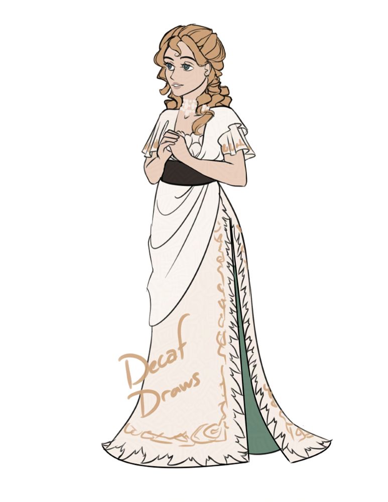 A young, pale woman stands with her hands clasped together. She has very thick golden curls, which are swept back along her scalp and cascade downwards over her shoulders. She is wearing a pearl necklace and a white dress in the Edwardian style. The edges of the garment have golden embroidery along it, and feather motifs are embroidered as trim. She is wearing a green underskirt and a black belt around her waist.