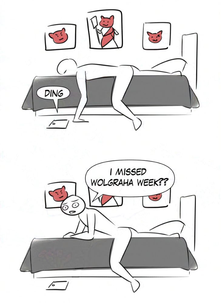 First panel: A person lies in bed, sleeping. Their background has several pictures of G'raha Tia from Final Fantasy 14. Their phone on the ground gives a notification noise. Second panel: The person wakes up, startled. "I missed WolGraha week??" they exclaim.