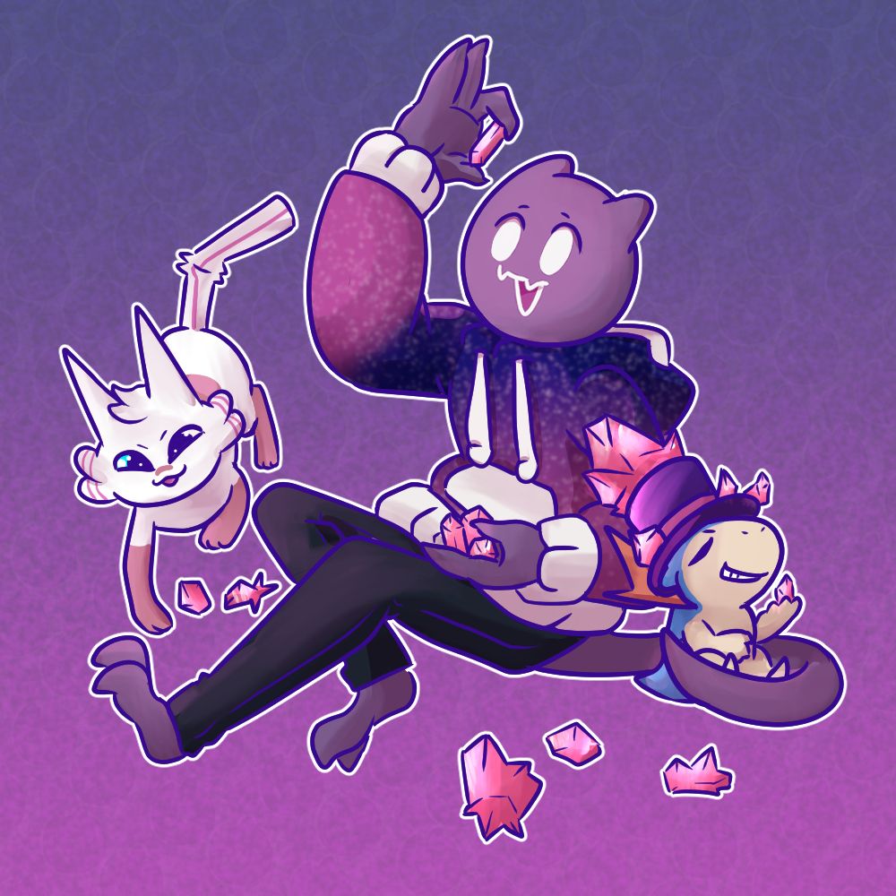 an illustration of three characters sitting together with red crystals scattered around them. to the left is a white and orange cat with a straw for a tail batting around 2 crystals. in the middle is a purple monster with horns wearing a hoodie holding up a  crystal to the light, her face delighted. to the right is a small typhlosion wearing a tophat who seems smug, he has attached several crystals to the top of his hat