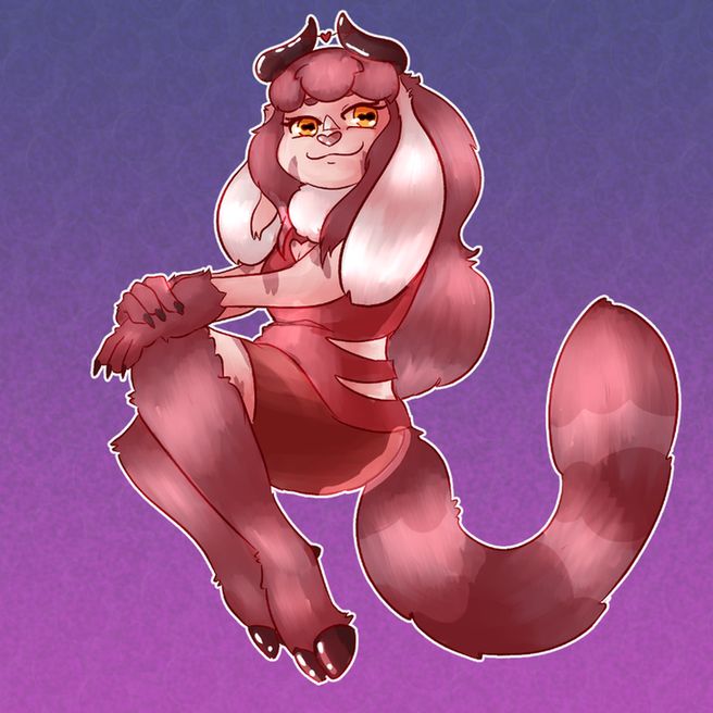 an anthro character wearing a sleeveless top and mid thigh length skirt with long ears, horns, goat legs, and a long striped tail sits prim and proper with her hands on her knees. she looks polite