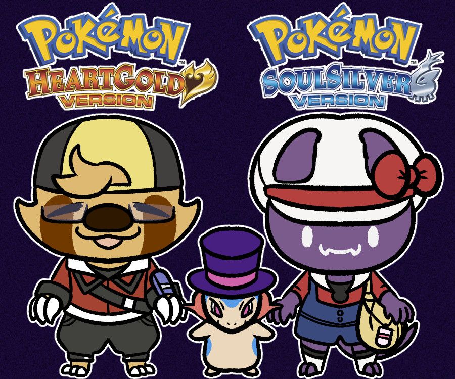 a stream promotional image of three chibi characters standing under two logos. On the left under the Pokemon heart gold logo is a sloth wearing glasses (husdowt maxdowt's husband) dressed up as Ethan from pokemon, wearing the signature yellow and black backwards ballcap and red/black/white outfit. On the right under the pokemon soul silver logo is a purple monster (maxdowt the streamer) dressed as Lyra from pokemon, with the signature white hat with a red ribon, blue jumper, red shirt, white socks, and yellow bag. between the two is a small typhlosion wearing a top hat (the TTS mascot for maxdowt's channel)