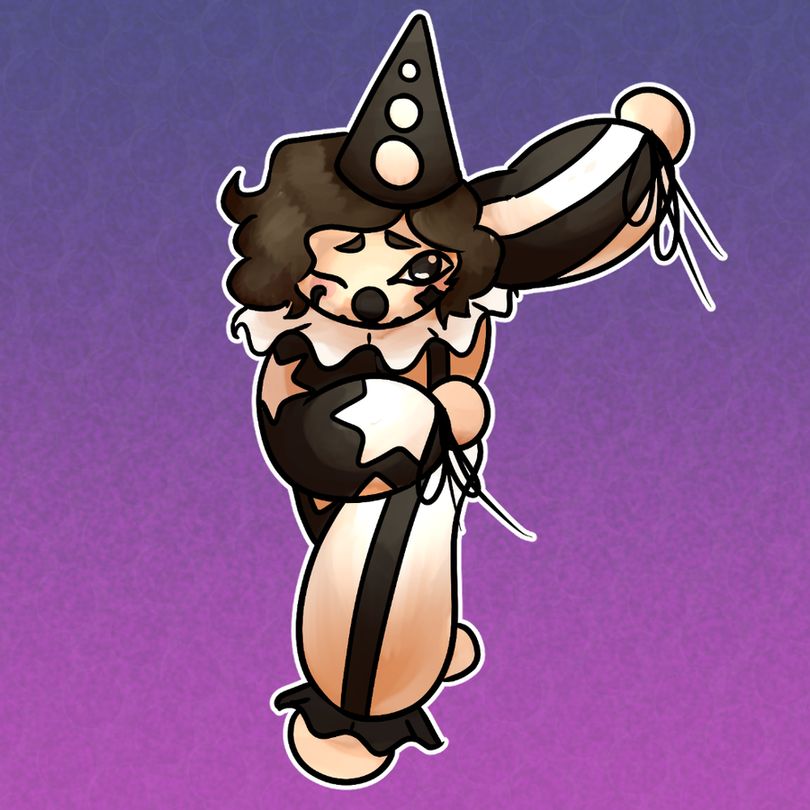 a sad small clown doll bows to the viewer
