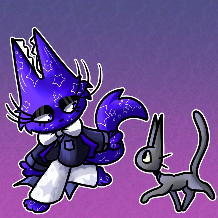 a blue anthro cat with a starry pattern on its body and long eyelashes wearing a bowtie, suit jacket, and starry white pants walks alongside a simple gray kitty cat