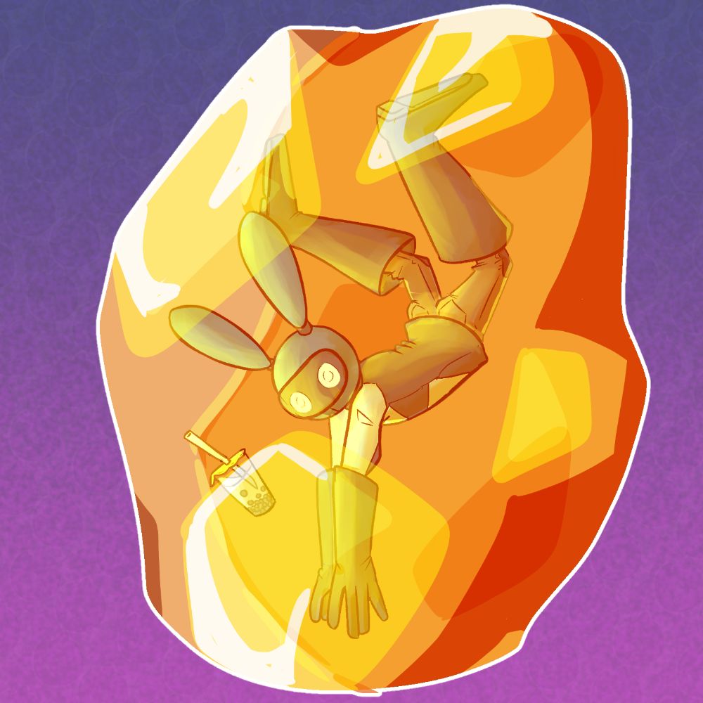 a robot rabbit character is trapped floating in a large piece of amber, a boba tea is floating with him