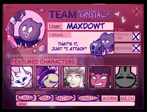 an art fight info card for team crystals, art fight user maxdowt, detailing some basic information and featured characters