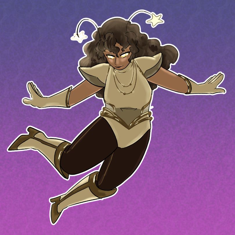 a woman with curly brown hair and star shaped antennae floats, arms outstretched
