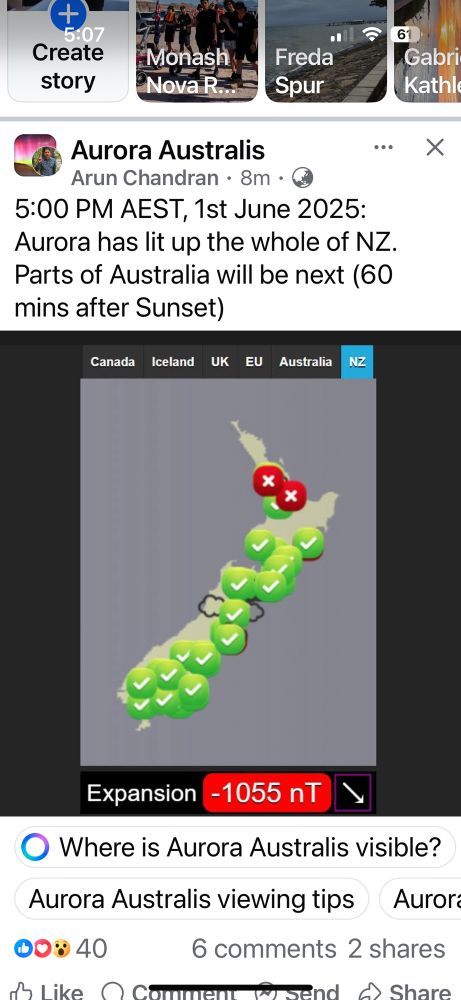 Image of a map of New Zealand with green ticks from top to tail, showing Aurora sitings. 