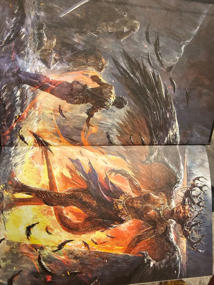 Inside cover picture from The Devils. A large female demon standing in front of a man.