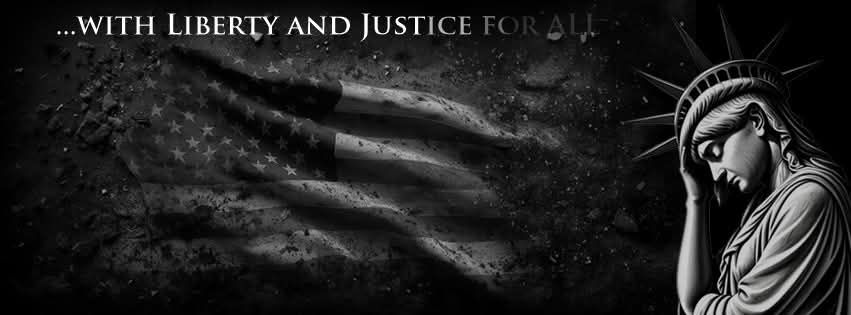 Lady Liberty crying over tattered American flag