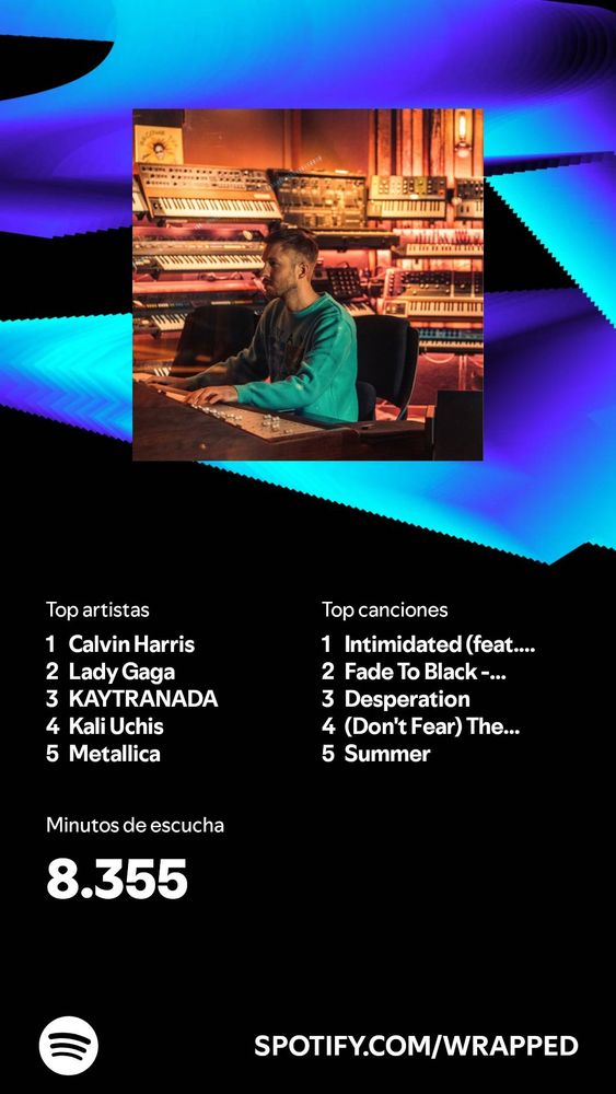 Wrapped 2024 de Spotify con Calvin Harris, Lady Gaga, KAYTRANADA, Kali Uchis y Metallica como artistas más escuchados.