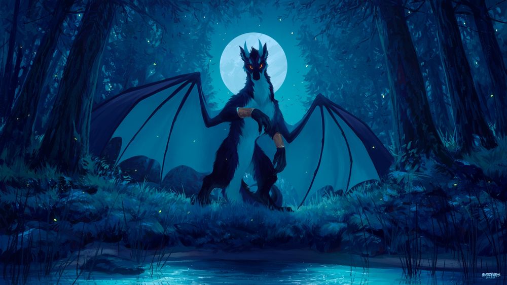 A nighttime forest piece by the river of a winged deep blue dragon with gold cuffs, wings spread out, standing on their hind legs. locking eyes with the viewer with bright orange eyes.

The rising full moon halos around the curious attentive dragon while they're framed by the towering tree canopy