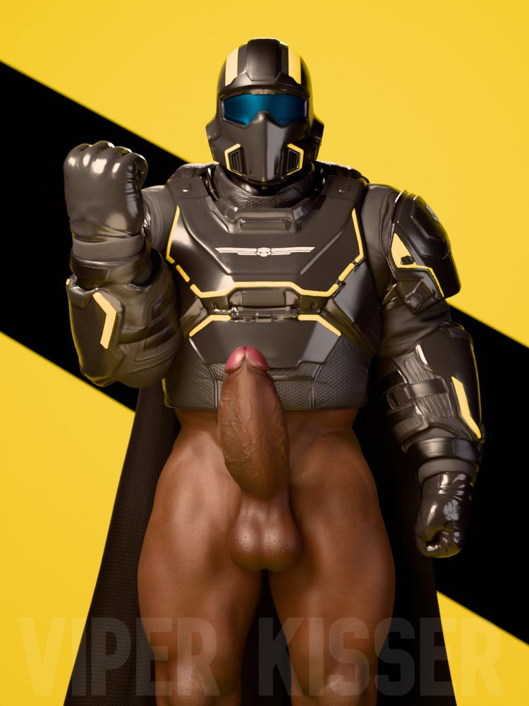 Helldiver from the game Helldivers 2 doing the salute to liberty while having no pants and an erection. 