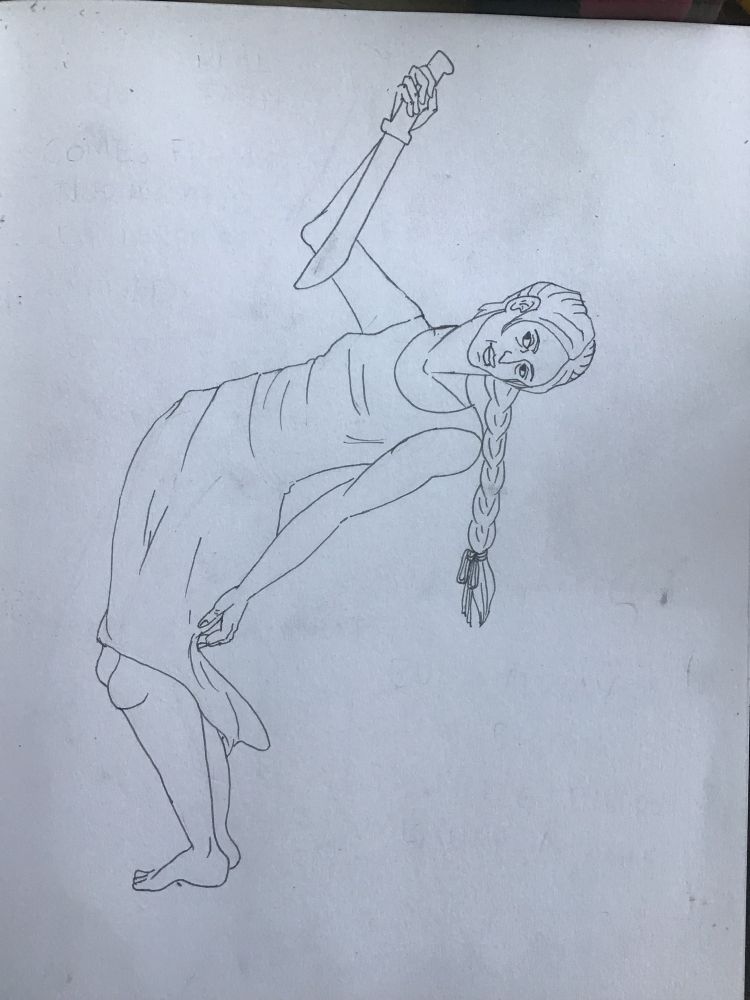 Line drawing of a woman in a dress with a machete 