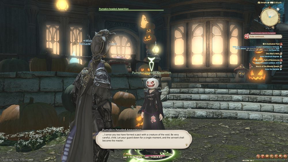 My FFXIV character in a new Reaper outfit, taking part in the All Saint's Wake Halloween Event.

Speaking to the main event NPC, the Pumpkin-headed apparition, she has several dialogue options. After asking her what it is she does exactly, she quips: "...I sense you too have formed a pact with a creature of the void. Be very careful, child. Let your guard down for a single moment, and the servant shall become the master."

This line of dialogue relates to the Reaper Job and it's lore, where you make a pact with a voidsent, (a being from an alternate world engulfed in darkness) and summon it in battle.