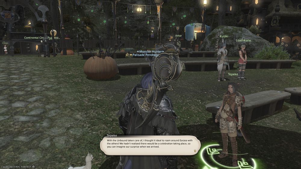 My FFXIV character speaking with several guest NPCs that appear after the conclusion of the All Saint's Wake event. They originally make an appearance during the Dawntrail Role Quests as characters you help as they retrieve stolen artifacts from a band of evil-doers known as the Passage of the Unbound.

Tepeke remarks: "With the Unbound taken care of, I thought it ideal to roam around Eorzea with the others! We hadn't realized there would be a celebration taking place, so you can imagine our surprise when we arrived."