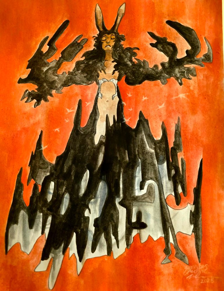 A human-like figure with lapine-like ears has it's arms outstretched, large dark structures protruding from them. These same structures make up its hollow mountain-like body, which has a reflective inside. It's eyes are closed possibly in reflection; white birds fly around it's middle and peaks.

The piece itself is drawn with charcoal and colored with watercolor. The birds are done with white charcoal.