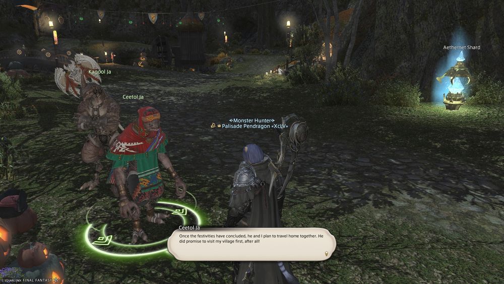 My FFXIV character speaking with several guest NPCs that appear after the conclusion of the All Saint's Wake event. They originally make an appearance during the Dawntrail Role Quests as characters you help as they retrieve stolen artifacts from a band of evil-doers known as the Passage of the Unbound.

Ceetol Ja remarks: "Once the festivities have concluded, he (referring to Kaqool Ja, standing behind her) and I plan to travel home together. He did promise to visit my village first, after all!"