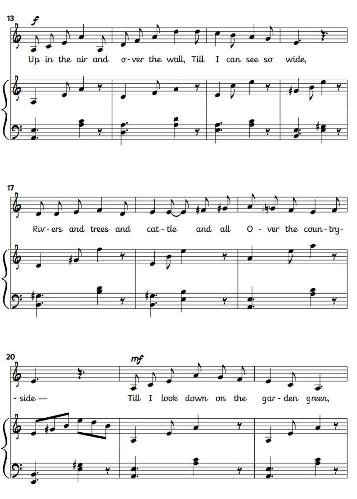 Sheet music extract. The text underlay, part of "The Swing" by Robert Louis Stevenson, is in a font intended to model good handwriting to primary school children.