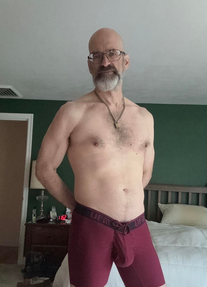 Me, 58 year old white man with shaved head, white beard and dark brown mustache, shirtless