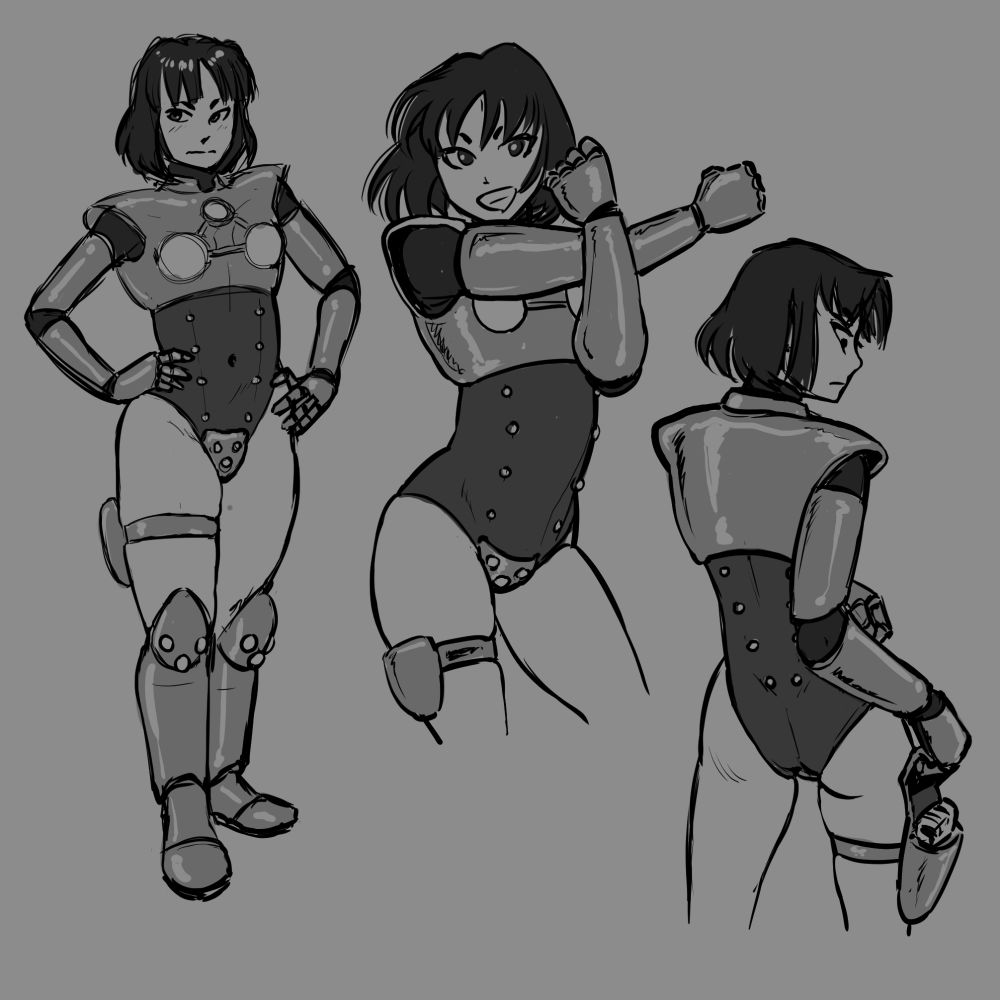 On the left, Metal Gal stands with her hands on her hips, wearing her Dimensional Vibration Suit. In the center, Metal Gal strikes a dynamic pose, crossing her armored arms and smiling confidently. On the right, Metal Gal has her back turned toward the viewer as she opens the holster strapped to her thigh.