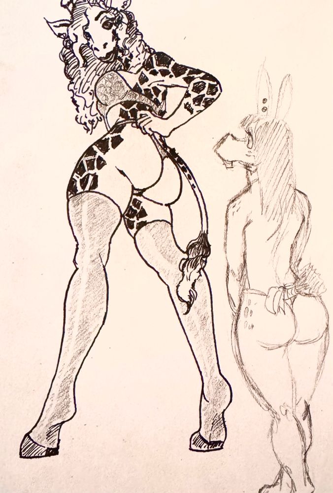 A tall giraffe lady in bra and thong panties towers over a sketch of Pixie, who is nude except for thong panties and a ribbon tied around the base of his short-cropped tail.