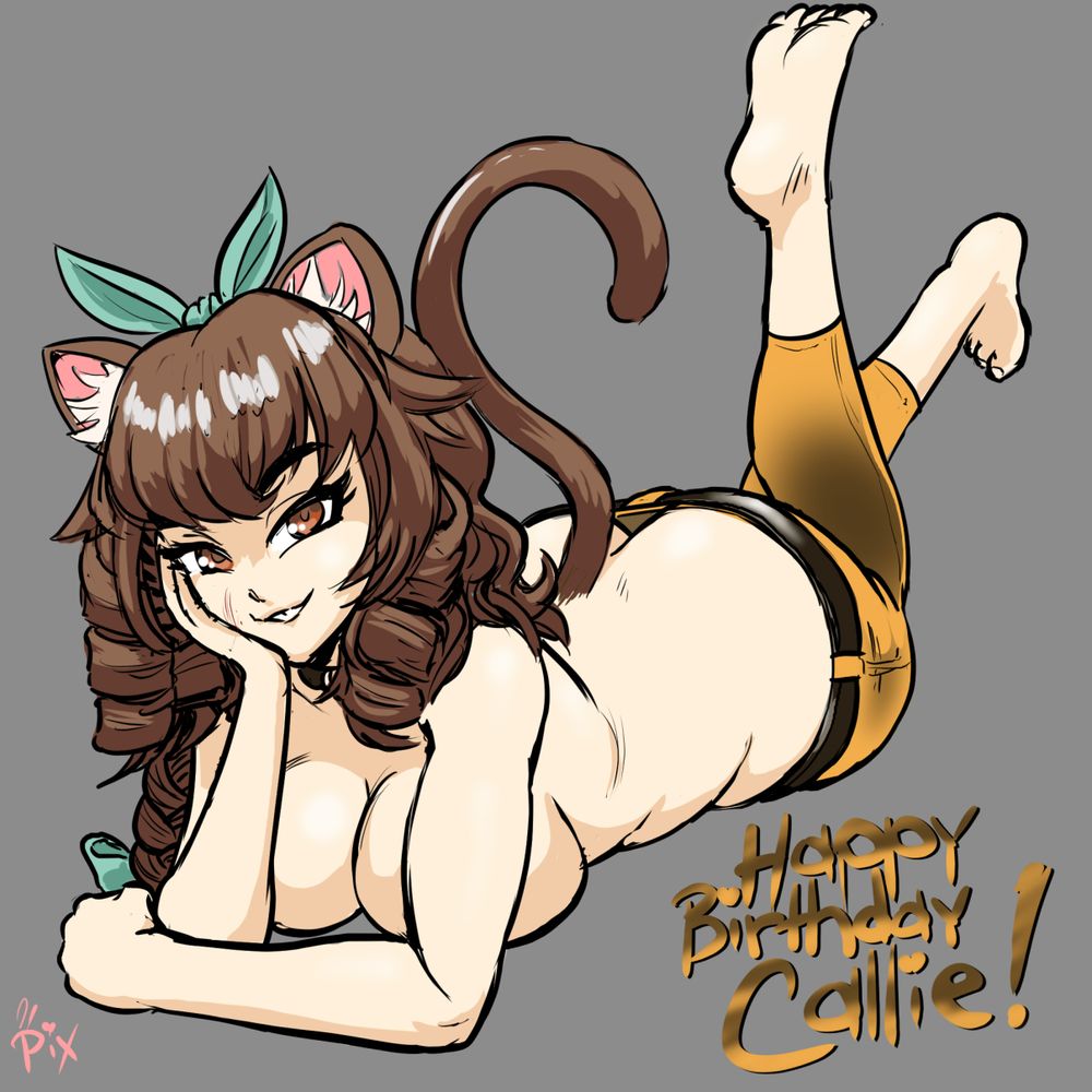 Callie Calico laying on her tummy, propped up on her elbows as she smiles at the viewer. She's only wearing low-slung orange capri pants with a dark leather belt. Because of the angle, we can see her bottom cleavage peeking out from beneath her tail. The text in the bottom right corner says "Happy BIrthday Callie!"