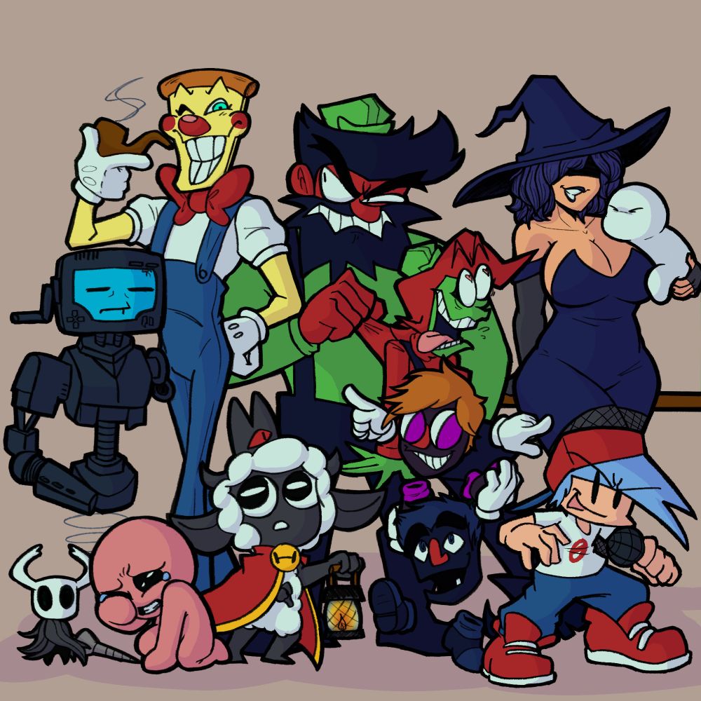 A group drawing of indie video game characters. There is P03 from Inscryption, the Knight from Hollow Knight, Isaac from The Binding of Isaac, Lamb from Cult of the Lamb, the Gnome Devs from Everhood, Pizzahead from Pizza Tower, Cordelia and Mumba from Dead Estate, and Anton and Annie from Antonblast. 