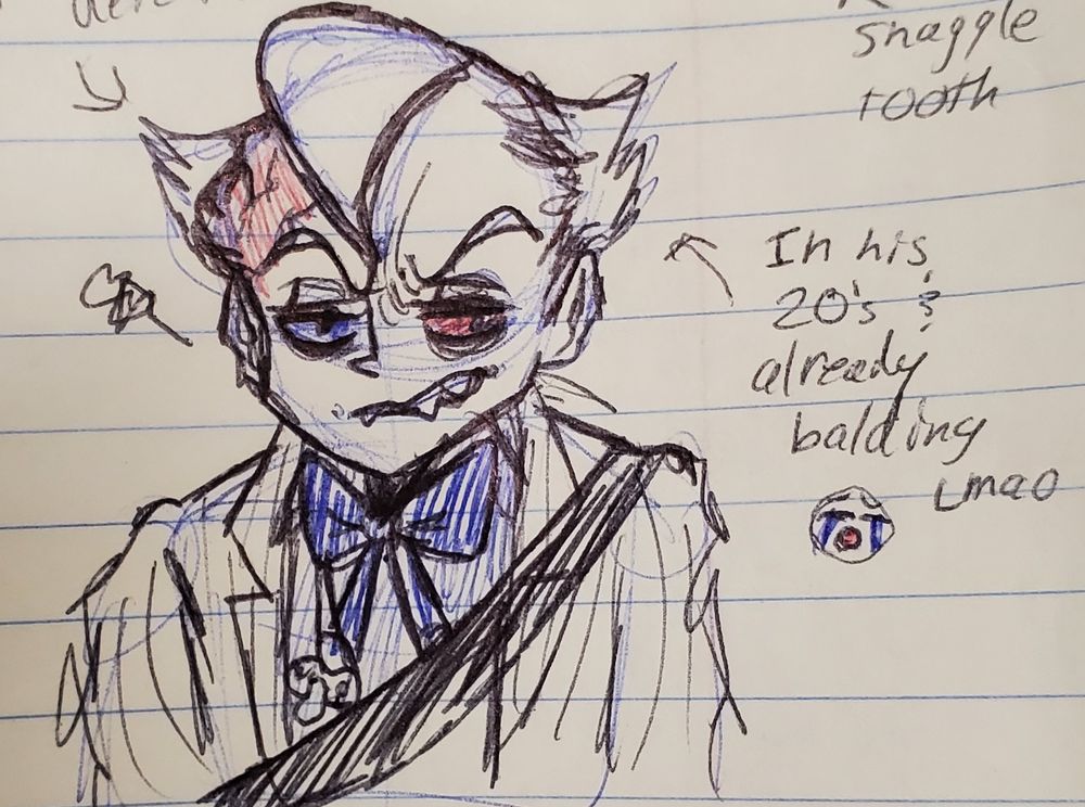 A messy pen doodle of Franco Barbi from Outlast Trials. He has an arrow pointing at him that says, "In his 20's and already balding lmao" with a crying emoji face.